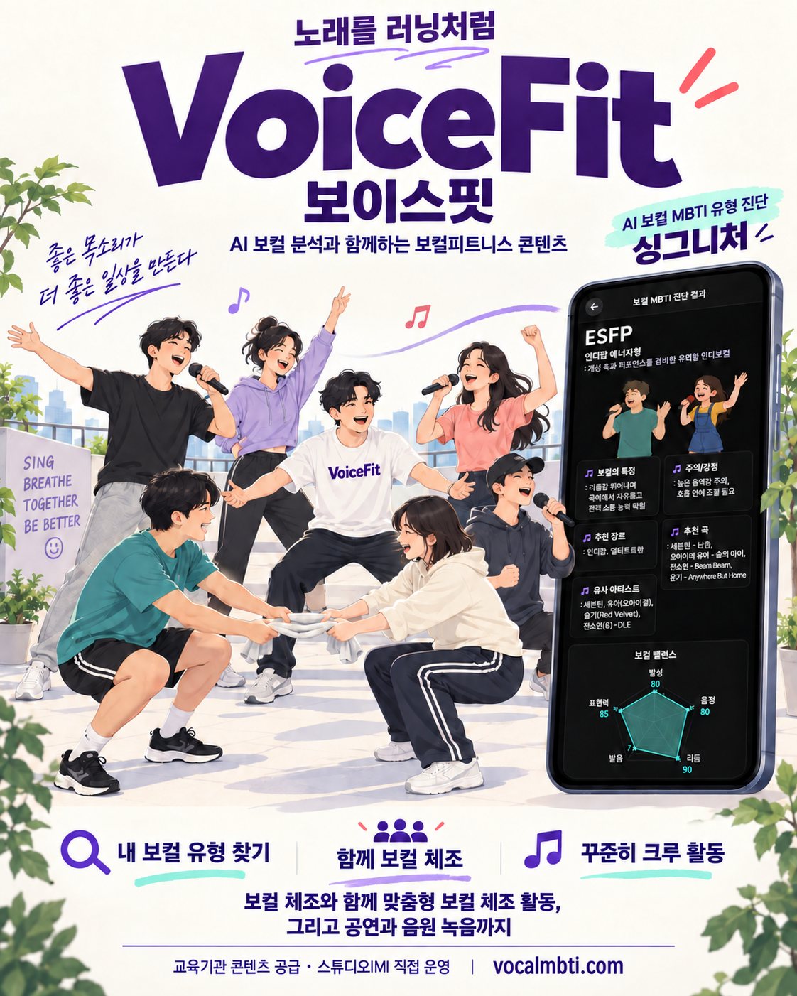 VoiceFit 보이스핏 브랜드 포스터 — 노래를 러닝처럼, 함께 보컬 체조를 하는 크루와 보컬 MBTI 진단 결과 화면