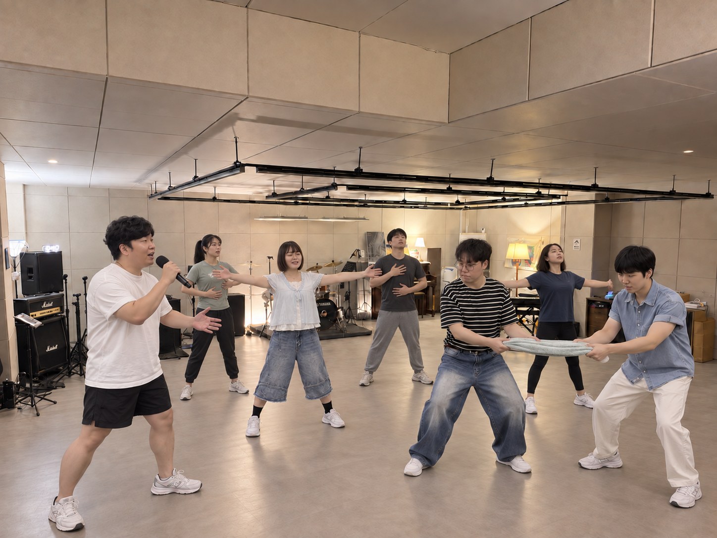 스튜디오IMI 실내에서 대표가 마이크를 들고 신호를 주고, 참가자들이 팔을 벌려 호흡하며 짝과 수건을 당기는 보컬 체조 장면